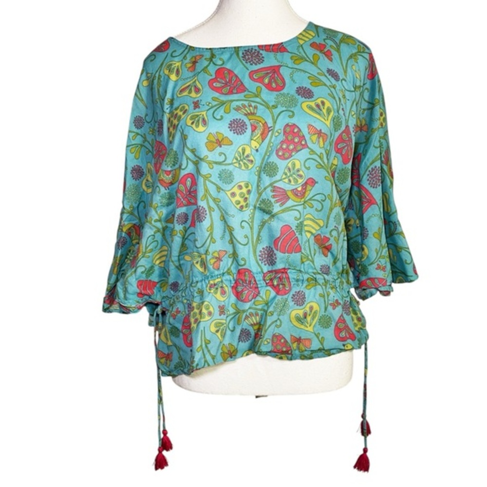 Gudrun Sjoden Teal Whimsy Folk Art Floral Bird Print Tie-Hem Blouse